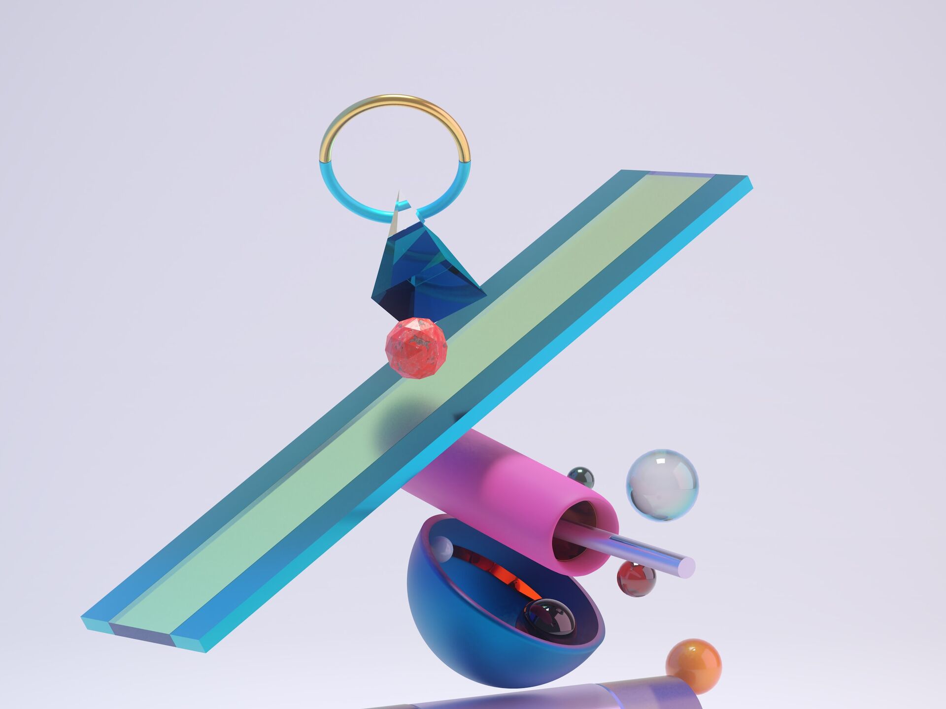 Abstrakte 3D-Komposition aus bunten geometrischen Formen, die schwebend ein Gleichgewicht bilden.