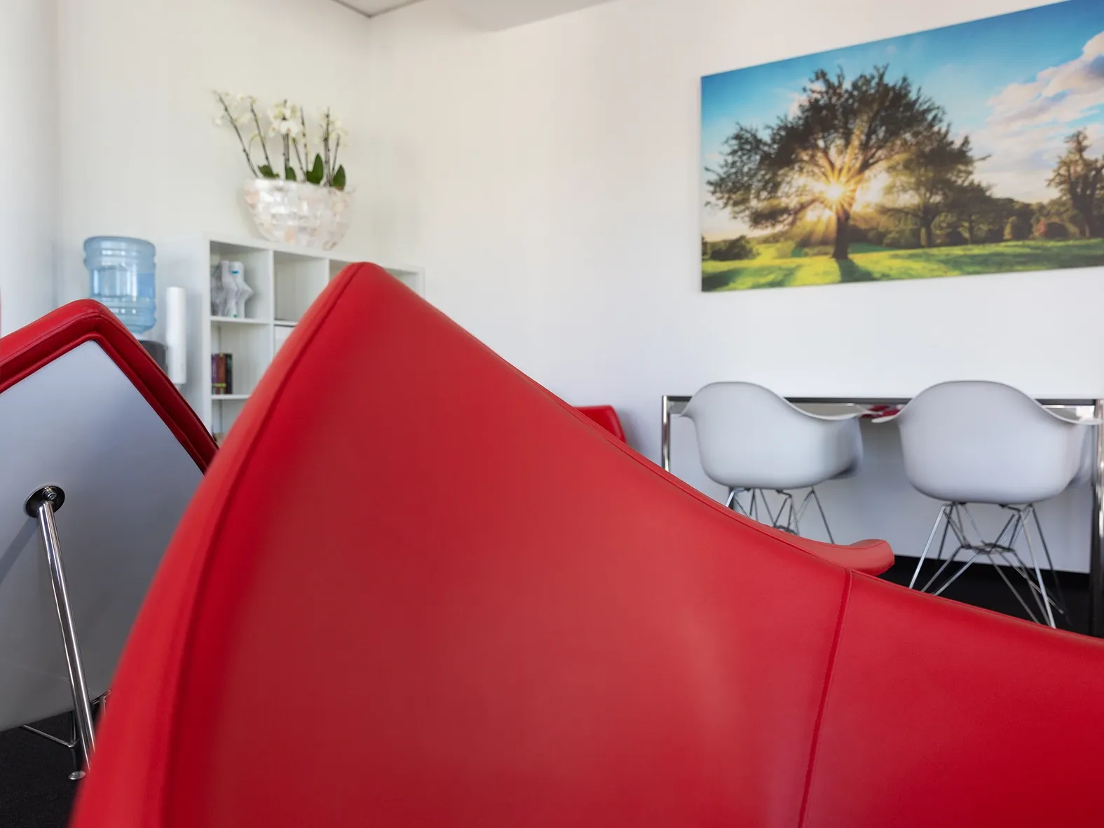 Moderner Warteraum mit roten Designerstühlen, weißen Möbeln und einem großen Wandbild eines Baumes in der Sonne.