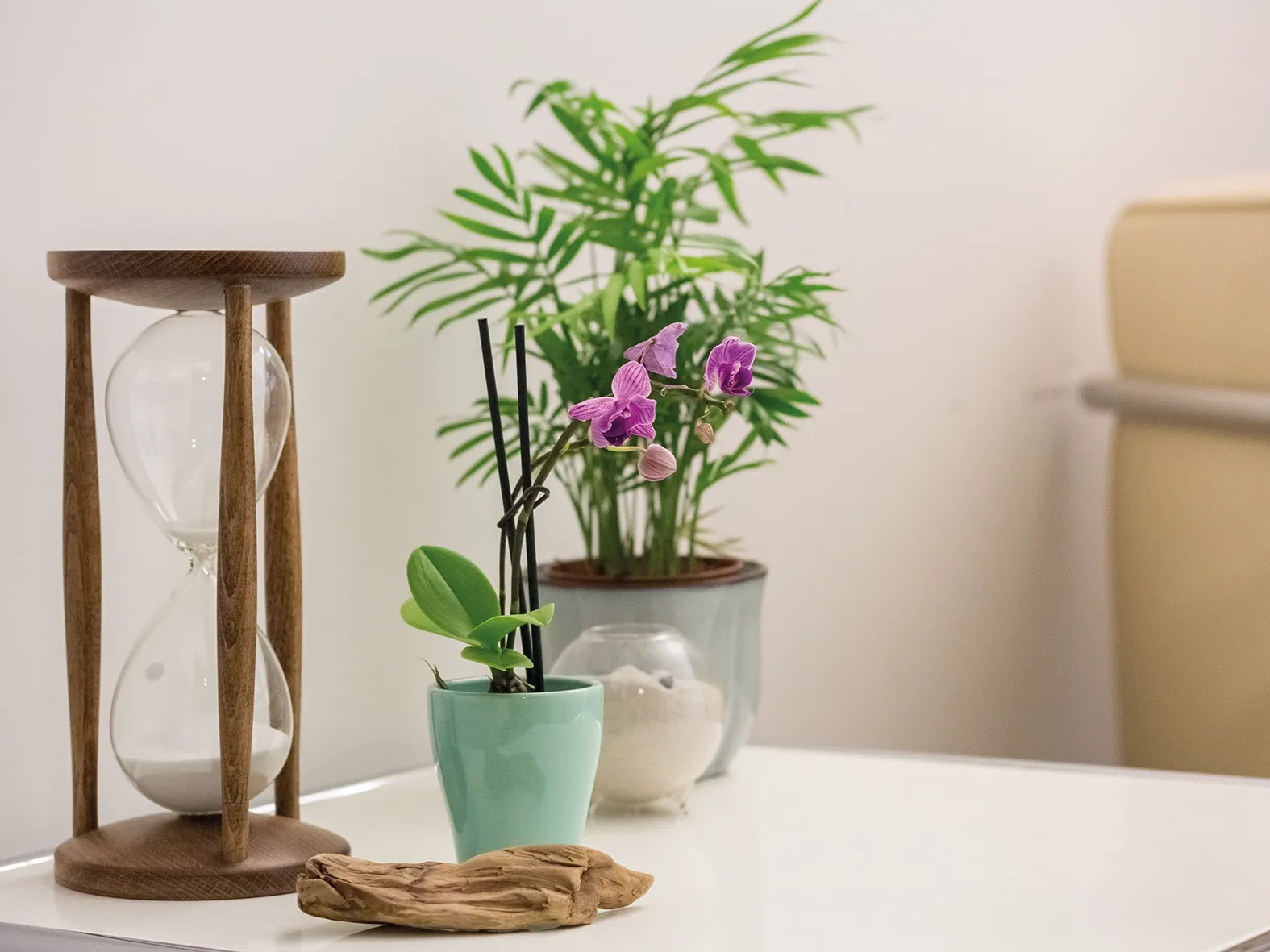 Detailaufnahme einer violetten Orchidee neben einer Sanduhr und einer grünen Zimmerpflanze auf einem Tisch in heller Umgebung.