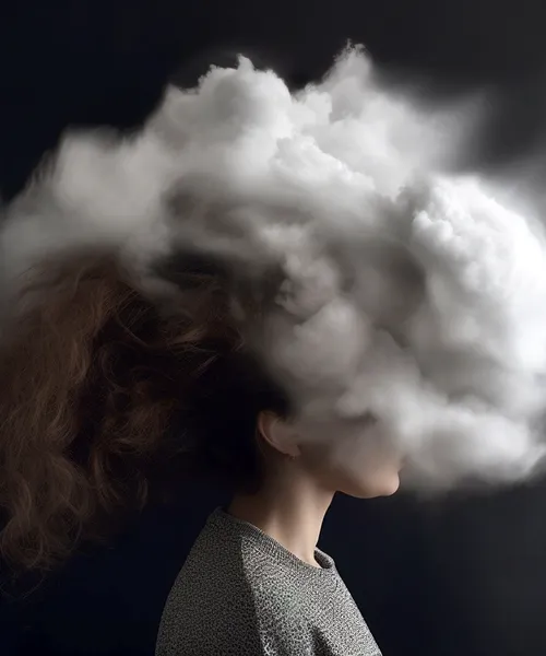 Eine Nahaufnahme von dunklem Haar, das von dichter, weißgrauer Rauch- oder Nebelwolke umgeben ist.
