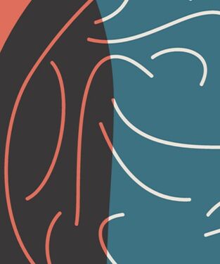 Abstraktes Muster in Schwarz, Rot und Blau mit geschwungenen weißen und roten Linien.