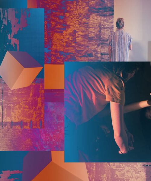 Künstlerisch gestaltete Collage mit warmen Farbtönen, geometrischen Formen und zwei Personen, die kreativ arbeiten.