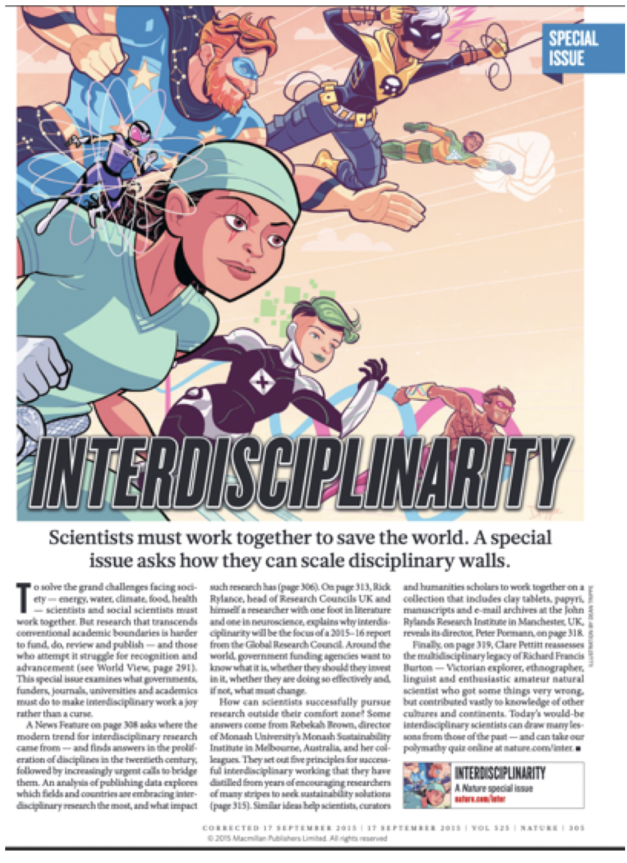 Illustration mit Comicfiguren in Superheldenposen und der Überschrift „Interdisciplinarity – Scientists must work together to save the world“.