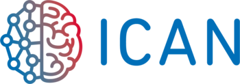 Logo von ICAN mit stilisierter Gehirngrafik in Blau und Rot.