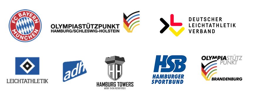 Collage mehrerer Sport- und Verbandslogos, darunter FC Bayern München, Deutscher Leichtathletik Verband, Olympiastützpunkte und Hamburger Sportbund.